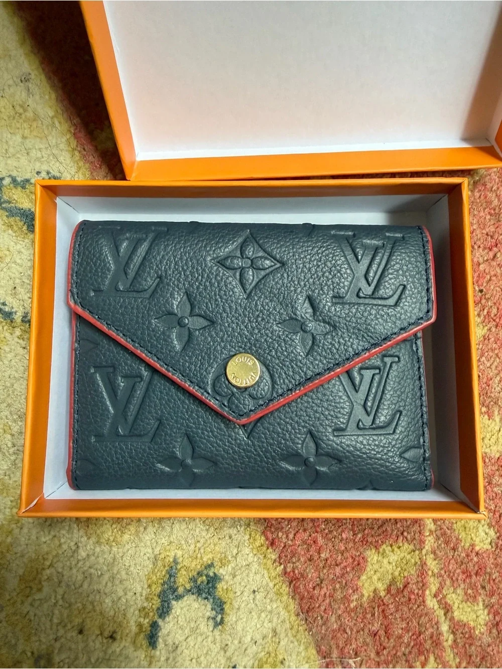 Louis Vuitton Navy Embossed Leather Envelope Wallet with Red Edge